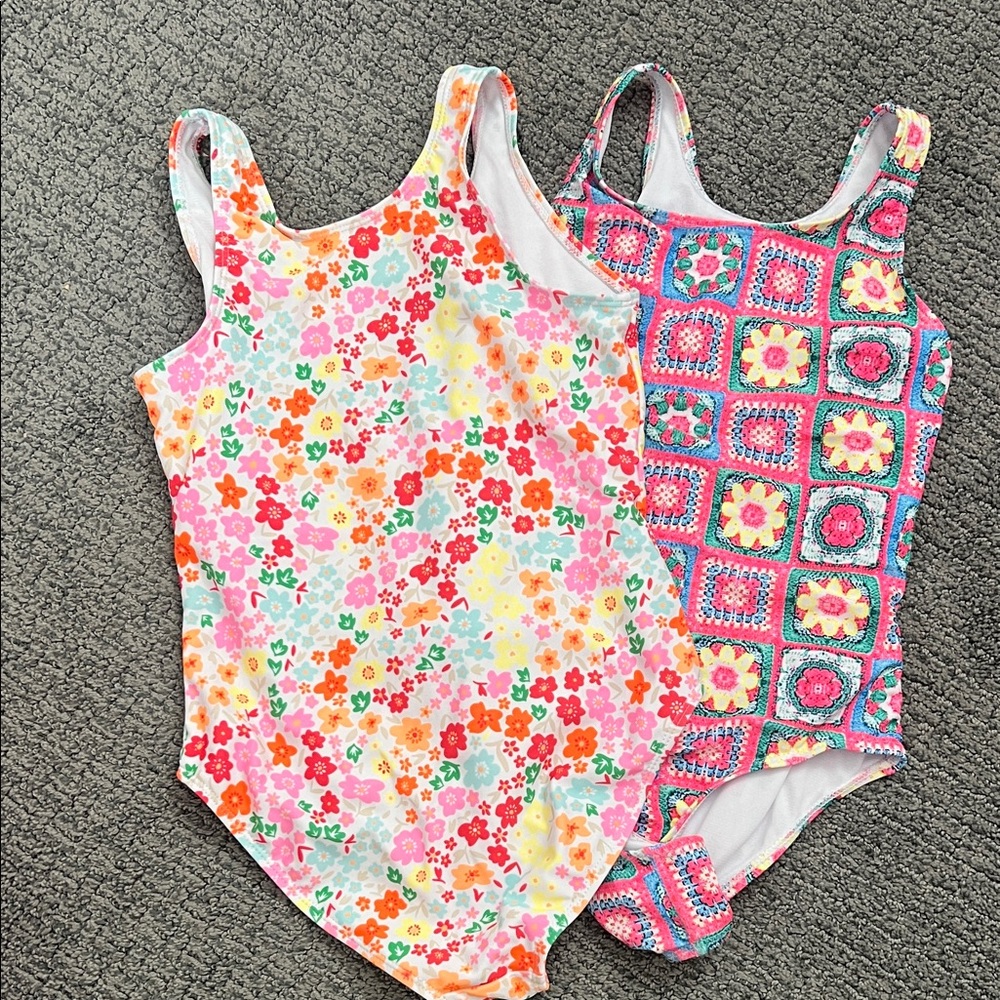 Girls Floral & Crochet Print One-Piece Swimsuits - Pink Multi